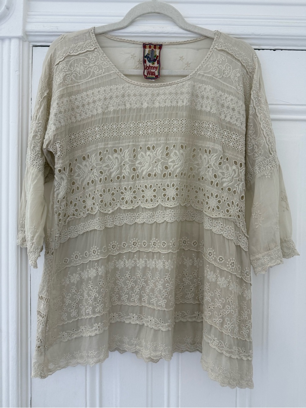 Johnny Was Cream Crochet & Eyelet Lace Peasant Top